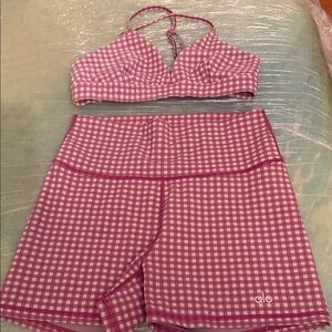 Alo Pink Checkered Sports Bra and Shorts Set